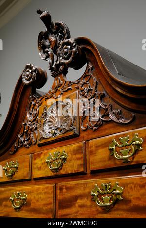 The Chippendale Style Mahogany and sabicu hardwood high chest made by Philadelphia craftsman during 1750-1765 display in National Gallery of Art.Washington DC.USA Stock Photo