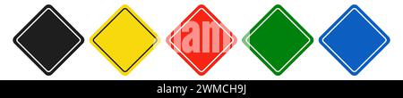 Set of rhombic black, yellow, red, green and blue road signs. Vector illustration of icons for warning about the situation on the road. White isolated Stock Vector