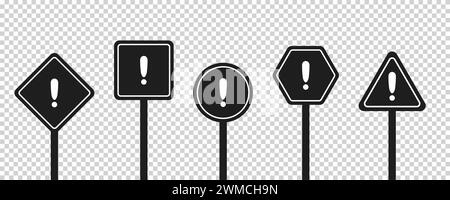 Set of round, square, rhombic, triangular and hexagonal black road signs with exclamation point. Caution sign. Vector icons for warning about the situ Stock Vector