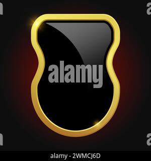 Black shield with glossy bright golden frame isolated on red background. VIP luxury logo design element. Vector clipart illustration. Logotype medieva Stock Vector