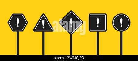 Set of round, square, rhombic, triangular and hexagonal black road signs with exclamation point. Caution sign. Vector icons for warning about the situ Stock Vector