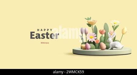 Trendy Easter greeting poster with 3d product podium, spring flowers, Easter eggs and bunny in light colours Stock Vector