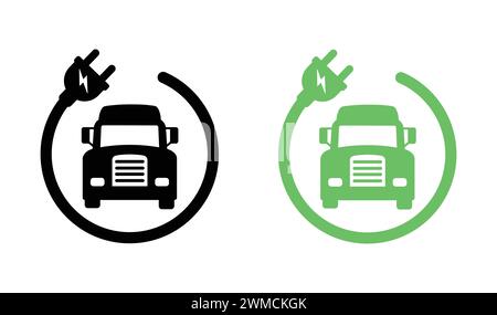 Electric Truck Icon In Front View With Plug. Electrical Charging Station Symbol. Green Vehicle Transportation Icons Silhouette. Heavy Vehicle Transpor Stock Vector