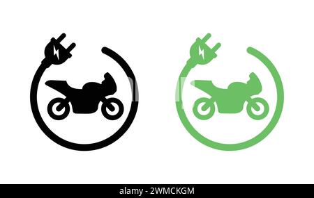 Electric Motorcycle Icon Set. Motorbike Silhouette. Motorcycle for Race Illustrations. Sportbike Vector Sign. Concept Green Energy Stock Vector