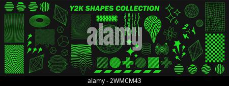 Abstract geometry wireframe shapes and patterns, cyberpunk elements, signs and perspective grids. Surreal geometric retro signs. Rave psychedelic futu Stock Vector