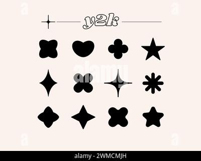 Set of bold design elements in trendy y2k minimalist aesthetic style. Flowers, stars, heart vector illustration Stock Vector