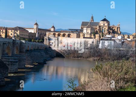 The Roman Bridge of Cordoba is a long-restored pedestrian-free bridge with arches originally constructed in the early 1st century BCE, across the Guad Stock Photo