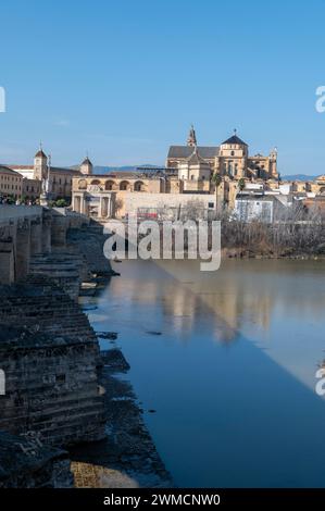 The Roman Bridge of Cordoba is a long-restored pedestrian-free bridge with arches originally constructed in the early 1st century BCE, across the Guad Stock Photo