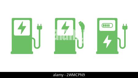 Green Electric Car Charger Icon. Charging Station For Electric Vehicles. Electric Fuel Pump For Hybrid Cars Sign. Charger With Plug For Electric Power Stock Vector