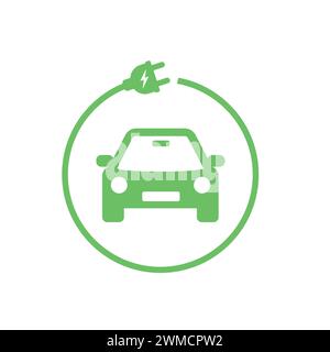 Electric Car Charging Icon. Electric Vehicle Sign. Eco Electric Car With E Plug Green Icon Isolated On White Background. Hybrid Vehicle Charging Point Stock Vector