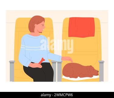 Passenger sitting near the pet. Travelling with dog on board cartoon vector illustration Stock Vector