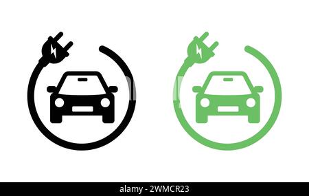 Green Electric Car with plug. Electric Vehicle Silhouette Green Icon. Eco-friendly Auto Vehicle. EV Car Hybrid Icon. Eco Friendly Vehicle Concept Stock Vector