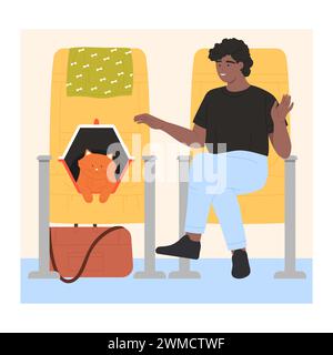 Passenger travelling together with cat. Travel with pet on board cartoon vector illustration Stock Vector