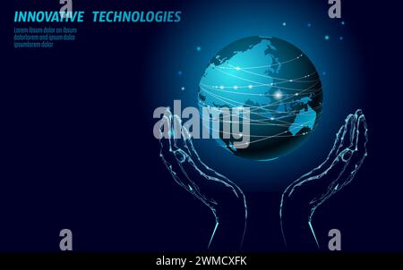 Web Save planet Earth in hands. Asia problem solving. Pease safety agreement. Low poly polygonal design vector illustration. Stock Vector