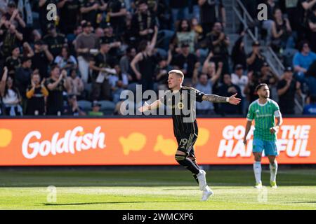 LAFC midfielder Mateusz Bogusz (19) celebrates a goal during a MLS match, against the Seattle Sounders Saturday, February 24, 2022, at the BMO Stadium Stock Photo