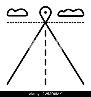 Delivery way, road, skyline and destination, black line vector icon of route and location Stock Vector