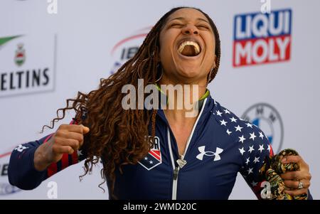 Winterberg, Germany. 25th Feb, 2024. Bobsleigh: World Championships, monobob, women, 4th run. Sylvia Hoffman from the USA celebrates at the finish. Credit: Robert Michael/dpa/Alamy Live News Stock Photo