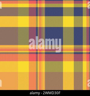 Vector texture textile of seamless pattern fabric with a background plaid check tartan in blue and orange colors. Stock Vector