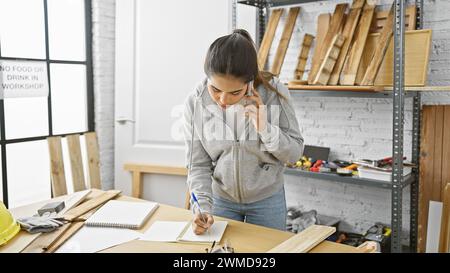Hispanic woman multitasking in a carpentry workshop, talking on the phone while taking notes. Stock Photo