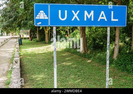 Merida Mexico,Puuc style Uxmal Archaeological Zone Site,Zona Arqueologica de Uxmal,classic Mayan city,sign signs information,promoting promotion adver Stock Photo