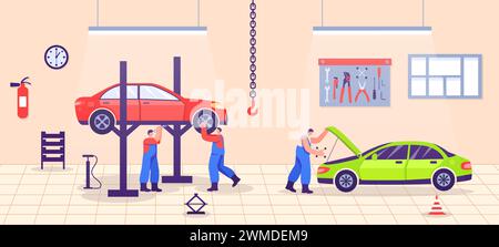 Auto repair service. Cartoon male characters in uniform fixing vehicle on station. Mechanic workers checking wheels Stock Vector