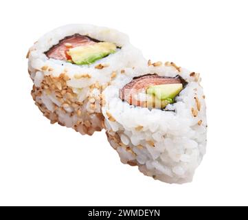 Two delicious california rolls with sesame over isolated white background Stock Photo