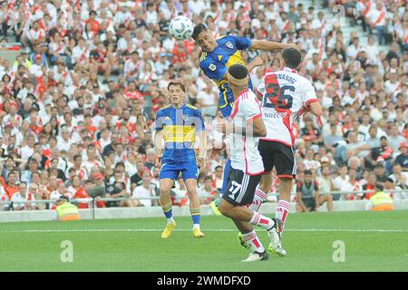 Buenos Aires, Argentina, 25th February 2024. Miguel Merentiel head the ball during the match between River Plate vs Boca Juniors. Credit: Workphotoagencia/Alamy Live News Stock Photo