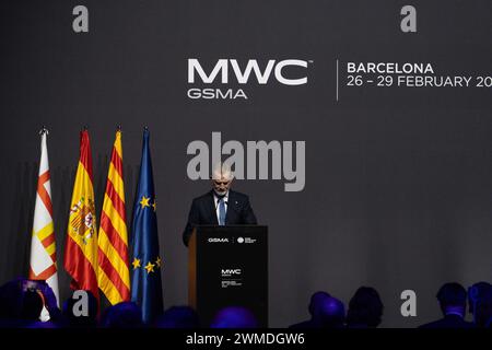 February, 25, 2024 Barcelona, SpainPolitics Barcelona-Inaugural dinner of the Mobile World Congress Inaugural dinner of the Mobile World Congress to be held from the 26th to the 29th at the Fira de Barcelona. The dinner was attended by the King of Spain, the President of the Spanish Government, the President of the Generalitat, and the Mayor of Barcelona, among other authorities. Cena inaugural del Mobile World Congress que se celebrará del 26 al 29 en la Fira de Barcelona. A la cena asistieron el Rey de Espa&#xf1;a, el Presidente del Gobierno espa&#xf1;ol, el Presidente de la Generalitat Stock Photo