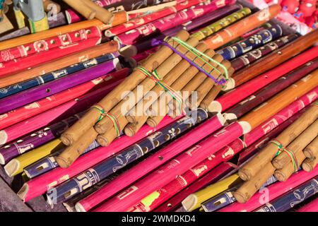 Closeup of a stall at a street market selling various types of indigenous style bamboo and pan flutes Stock Photo