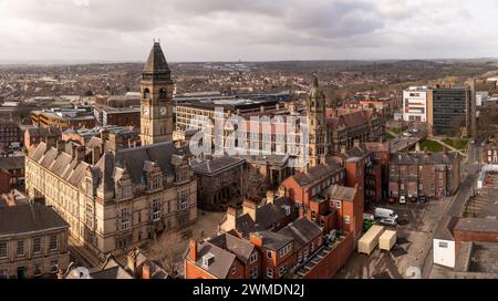 WAKEFIELD, WEST YORKSHIRE, UK - FEBRUARY 19, 2024.  Aerial panorama landscape of the historic Wakefield Town Hall and County hall buildings in a citys Stock Photo
