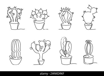 One continuous line potted cactus. Mexican prickly succulent with thorns in pots. Botanical plants with blooming flowers Stock Vector