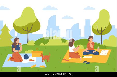 Picnic in park. Woman drinking tea and eating cookies on fresh air. Female friends sitting on blanket Stock Vector