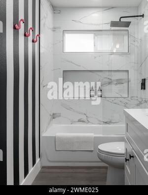 Black and white residential bathroom with shower interior Stock Photo