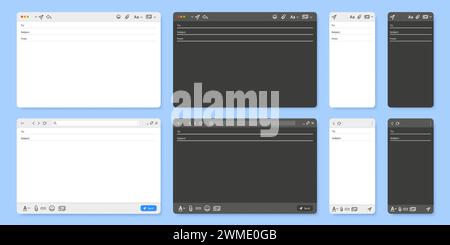Email interface. Mail client new message window user interface, desktop and mobile layout vector UI template illustration set Stock Vector