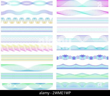 Seamless guilloche dividers. Colorful wave patterns and spirograph lines decorative elements vector set Stock Vector