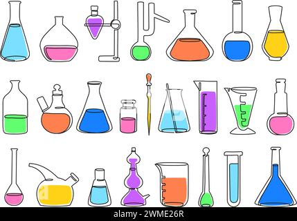 Continuous one line science lab. Chemistry laboratory equipment icons of flasks, beakers and test tubes vector illustration set Stock Vector