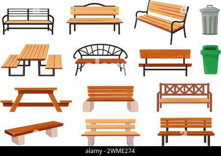 Garden bench. Outdoor furniture, park benches, waste bins and picnic tables cartoon vector illustration set Stock Vector