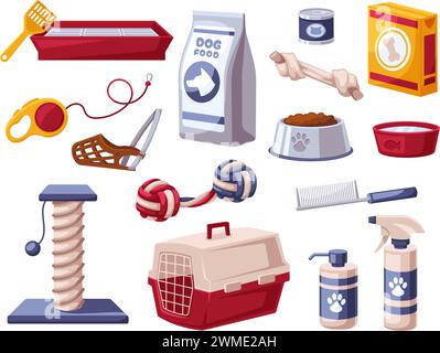 Pet shop products. Litter box, retractable leash, muzzled basket, toys and food for dogs and cats cartoon vector illustration set Stock Vector