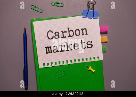 CARBON MARKETS. text on white sticker on wood background. Stock Photo