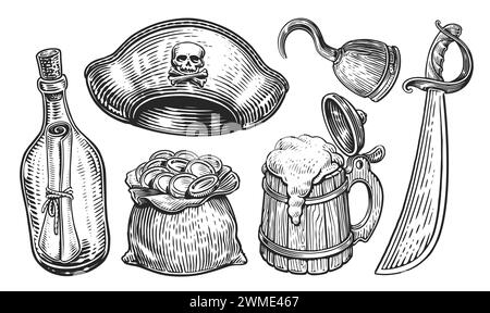 Pirate concept. Hand drawn objects engraving style. Sketch illustration ...