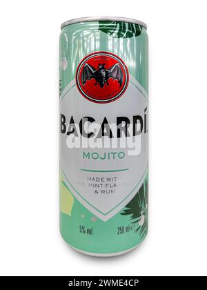 Italy - February 25, 2025: Bacardi Mojito in can isolated on white with clipping path included Stock Photo