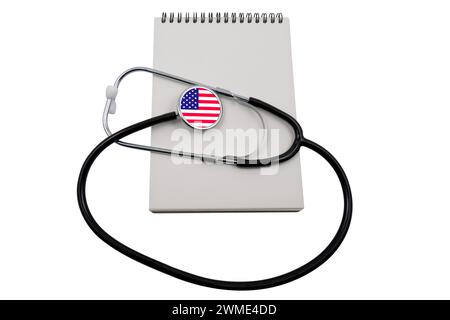 Stethoscope with USA flag head and blank notepad on white background. US healthcare system concept Stock Photo