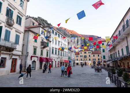 Kotor, Montenegro - FEB 14, 2024: Trg od Oruzja, Arms Square is the main square in Kotor, Montenegro, hosting several stores, banks, cafes, and import Stock Photo