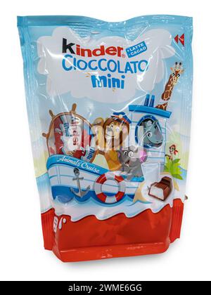 Italy - February 25, 2025: Ferrero Kinder Chocolate Mini in Animals' Cruise package isolated on white with clipping part included Stock Photo