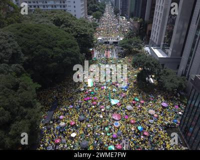Sao Paulo, Sao Paulo, BRAZIL. 25th Feb, 2024. Former President Jair Bolsonaro PL called for a protest at Paulista ave in Sao Paulo on Sunday amid the progress of investigations by the Federal Police into an alleged coup d etat plan with the participation of the former president and some of his then aides to reverse the result of the elections that brought Luiz Inacio Lula da Silva PT to the Planalto. Credit: ZUMA Press, Inc./Alamy Live News Stock Photo