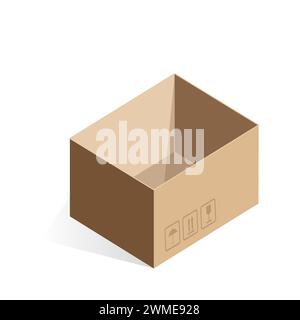 Isometric open empty cardboard box, carton brown crate packaging vector illustration Stock Vector