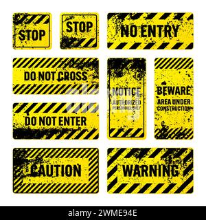 Various yellow grunge warning signs with diagonal lines. Old attention, danger or caution sign, construction site signage. Realistic notice signboard Stock Vector