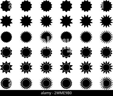 Set of round badges, stamps, labels, price tags with zig zag and wavy edges. Sun, sunburst, sunlight, sunshine icons. Collection of discount, sale, promo code stickers isolated on white background. Stock Vector