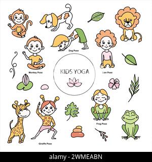 Set of kids yoga animal poses. Monkey, frog, lion, giraffe, dog asanas. Vector cartoon illustration in doodle style. Stock Vector