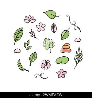 Simple hand drawn tropical colored floral vector design elements in doodle style. Set of leaves, flowers, branches and stones. For pattern, logo or Stock Vector